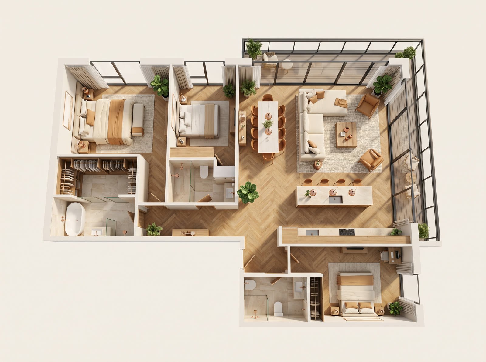 Floor plan of the 3 BHK Residence: living and dining along the glass, three bedrooms with en-suite baths, a deck