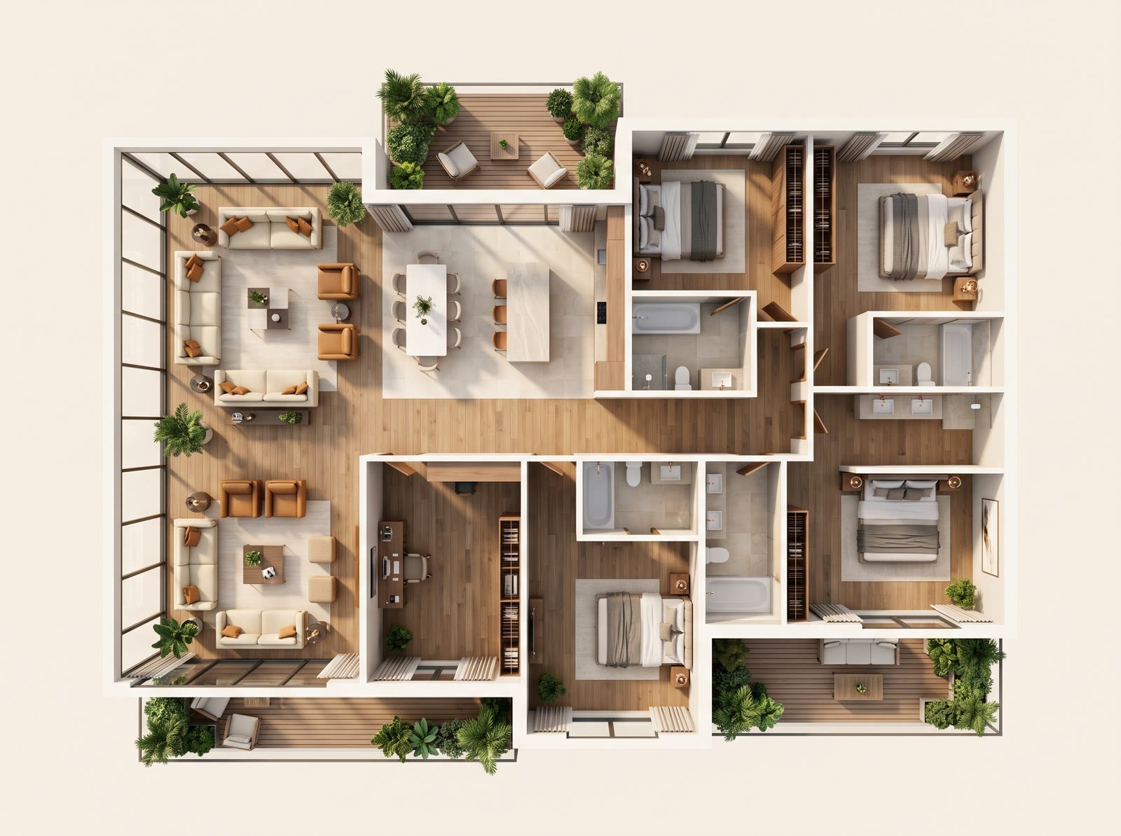 Floor plan of the 4 BHK Residence: a long living room facing the sea, four bedrooms, a study and two decks